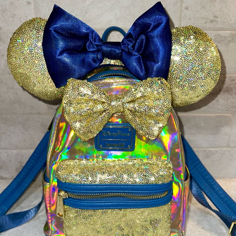 Disney World 50th Gold & blue sequin/iridescent Minnie Loungefly backpack & Ears